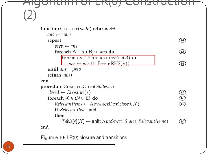 Algorithm of LR(0) Construction (2) 27 