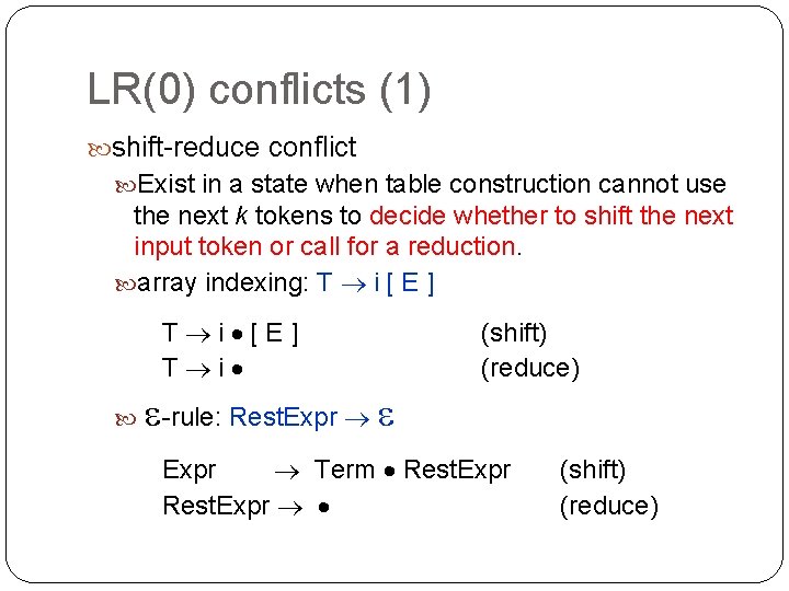 LR(0) conflicts (1) shift-reduce conflict Exist in a state when table construction cannot use