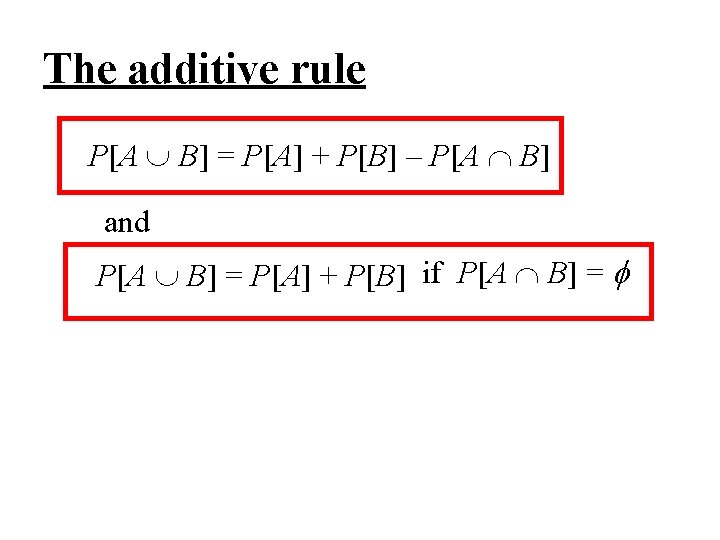 The additive rule P[A B] = P[A] + P[B] – P[A B] and P[A