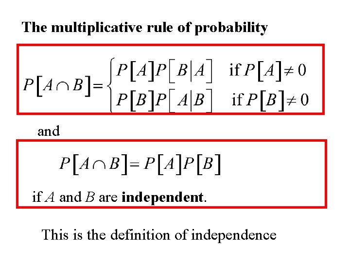 The multiplicative rule of probability and if A and B are independent. This is