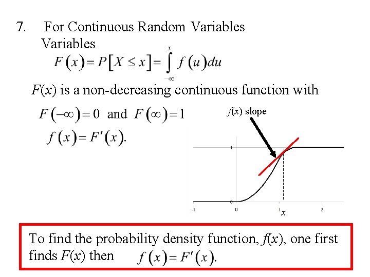 7. For Continuous Random Variables F(x) is a non-decreasing continuous function with f(x) slope