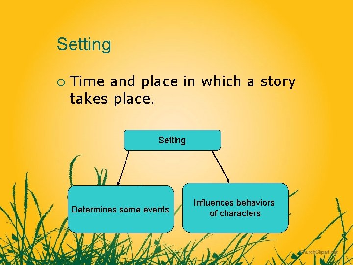 Setting ¡ Time and place in which a story takes place. Setting Determines some