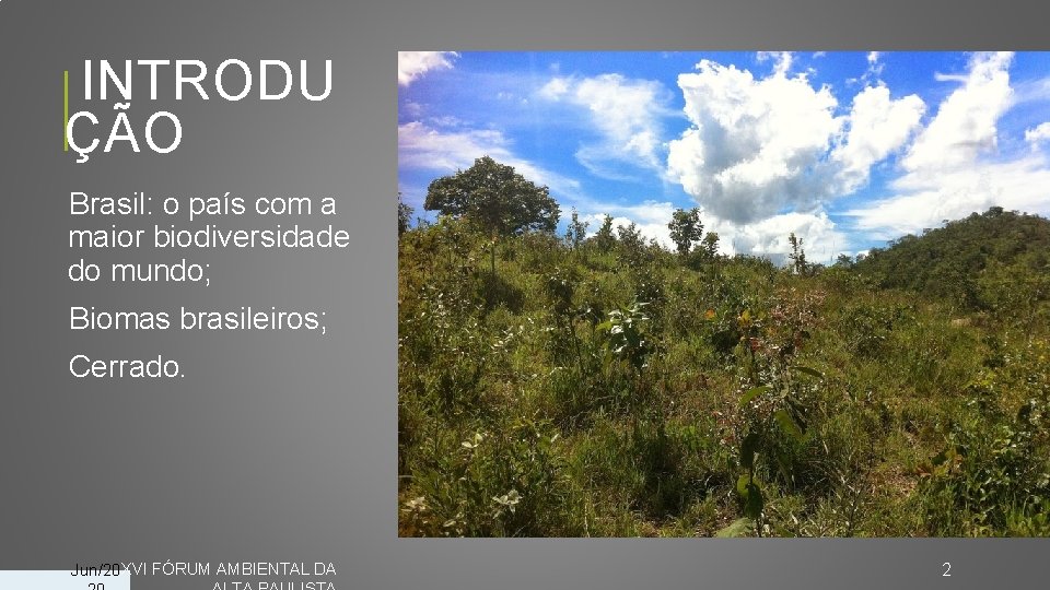 INTRODU ÇÃO Brasil: o país com a maior biodiversidade do mundo; Biomas brasileiros; Cerrado.