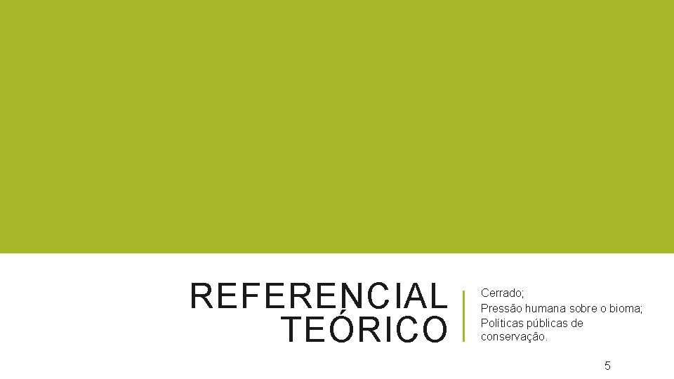 REFERENCIAL TEÓRICO Cerrado; Pressão humana sobre o bioma; Políticas públicas de conservação. 5 