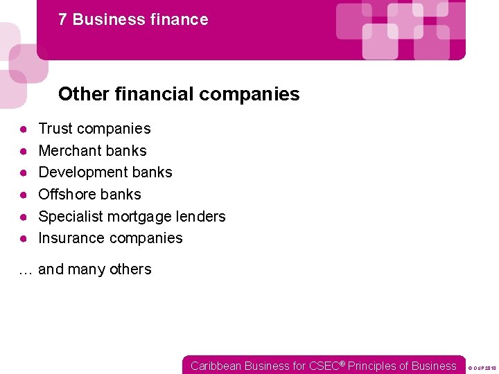 7 Business finance Other financial companies ● ● ● Trust companies Merchant banks Development