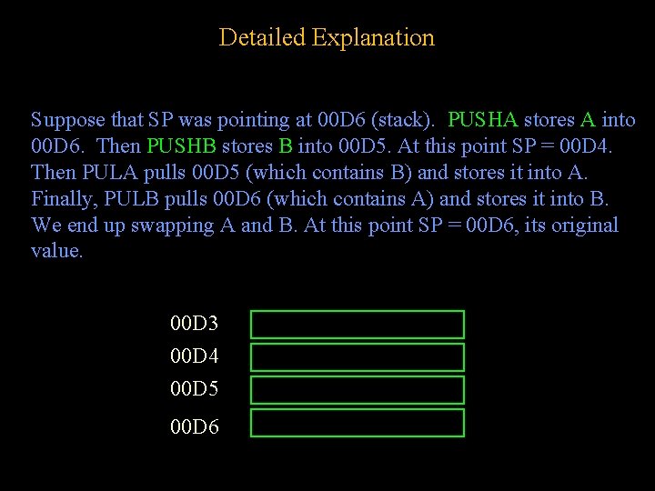 Detailed Explanation Suppose that SP was pointing at 00 D 6 (stack). PUSHA stores