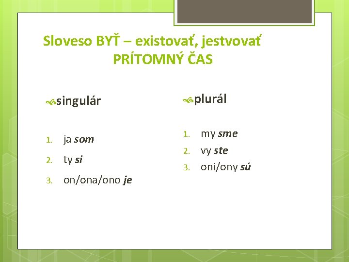 Sloveso BYŤ – existovať, jestvovať PRÍTOMNÝ ČAS singulár 1. ja som 2. ty si