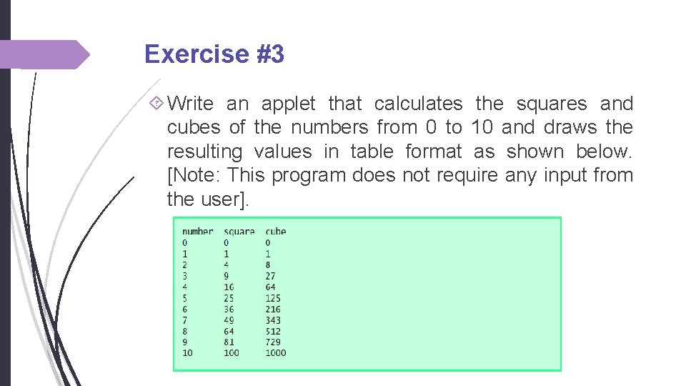 Exercise #3 Write an applet that calculates the squares and cubes of the numbers