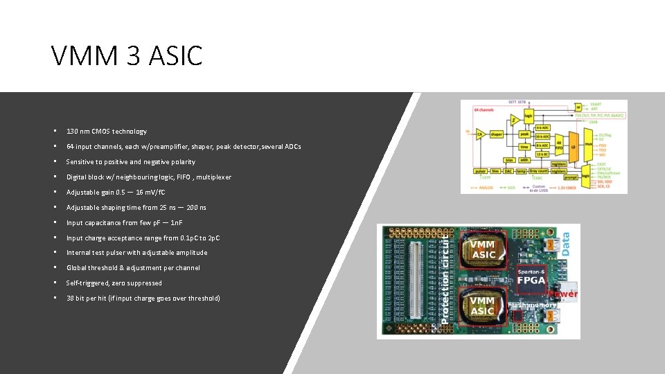 VMM 3 ASIC • 130 nm CMOS technology • 64 input channels, each w/preamplifier,