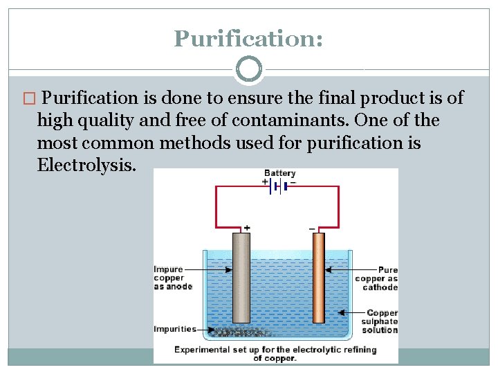 Purification: � Purification is done to ensure the final product is of high quality