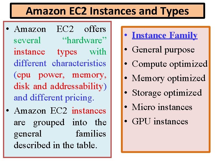 Amazon EC 2 Instances and Types • Amazon EC 2 offers several “hardware” instance