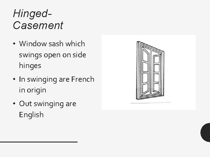 Hinged. Casement • Window sash which swings open on side hinges • In swinging