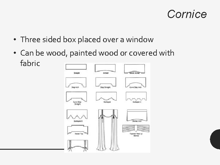 Cornice • Three sided box placed over a window • Can be wood, painted
