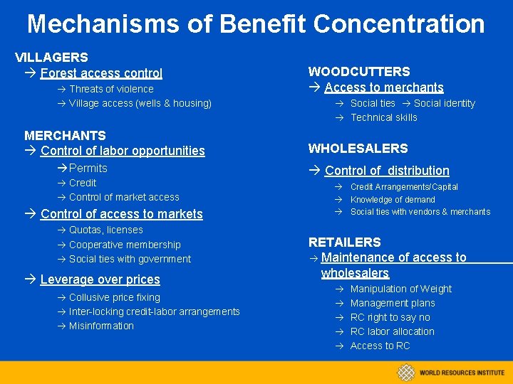 Mechanisms of Benefit Concentration VILLAGERS Forest access control Threats of violence Village access (wells