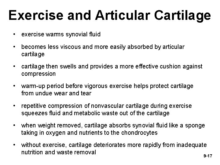 Exercise and Articular Cartilage • exercise warms synovial fluid • becomes less viscous and