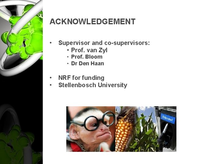 ACKNOWLEDGEMENT • Supervisor and co-supervisors: • Prof. van Zyl • Prof. Bloom • Dr