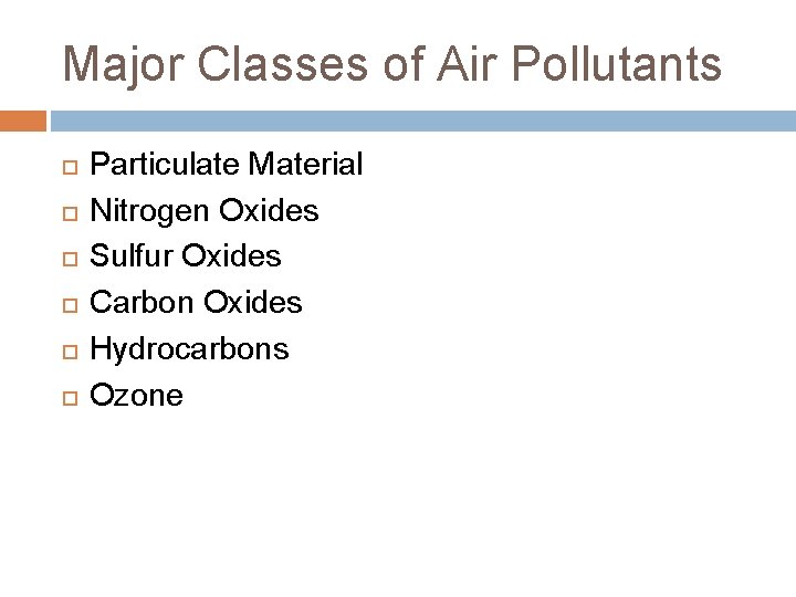 Major Classes of Air Pollutants Particulate Material Nitrogen Oxides Sulfur Oxides Carbon Oxides Hydrocarbons