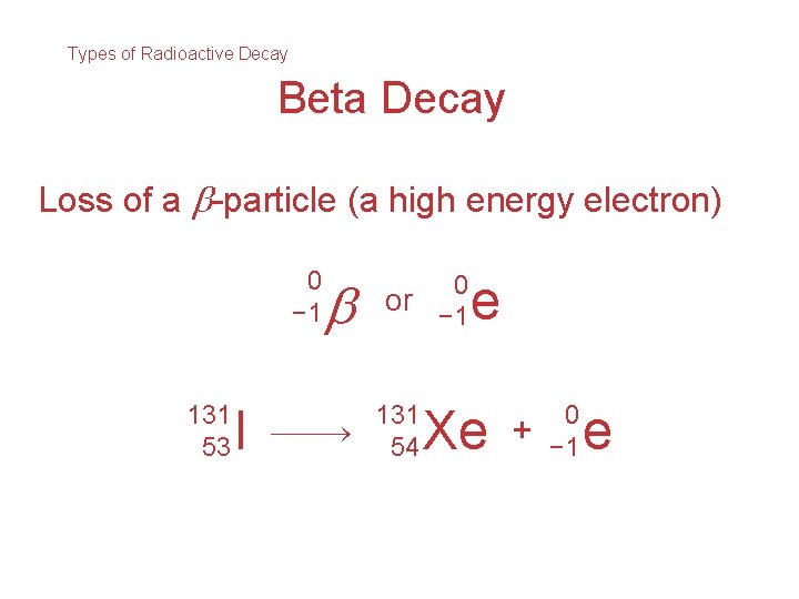 Types of Radioactive Decay Beta Decay Loss of a -particle (a high energy electron)