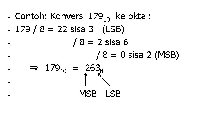 ■ ■ ■ Contoh: Konversi 17910 ke oktal: 179 / 8 = 22 sisa