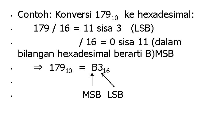 ■ ■ Contoh: Konversi 17910 ke hexadesimal: 179 / 16 = 11 sisa 3