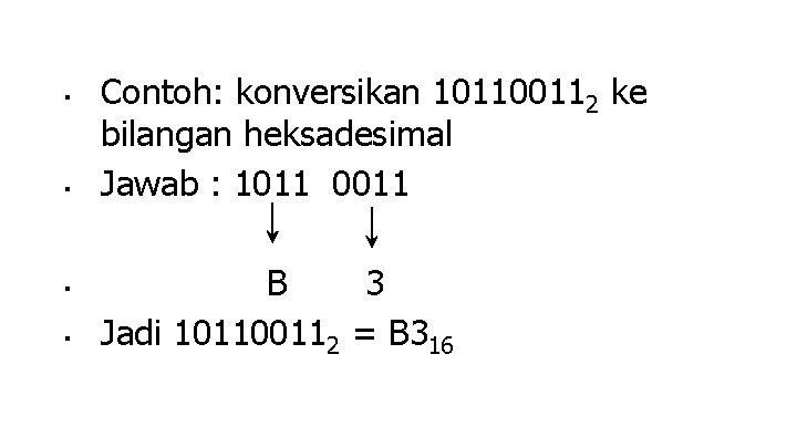 ■ ■ Contoh: konversikan 101100112 ke bilangan heksadesimal Jawab : 1011 0011 B 3