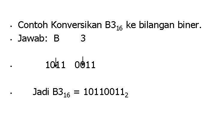 ■ ■ Contoh Konversikan B 316 ke bilangan biner. Jawab: B 3 1011 0011