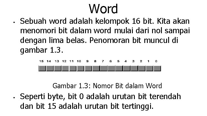Word ■ Sebuah word adalah kelompok 16 bit. Kita akan menomori bit dalam word
