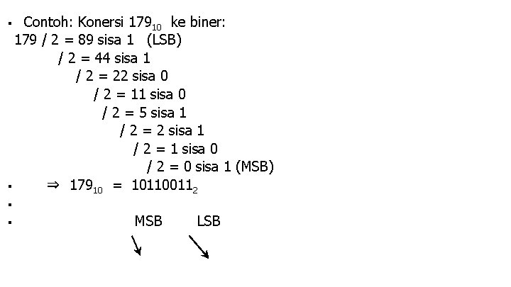 ■ Contoh: Konersi 17910 ke biner: 179 / 2 = 89 sisa 1 (LSB)