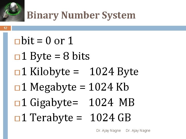 Binary Number System 12 bit = 0 or 1 1 Byte = 8 bits