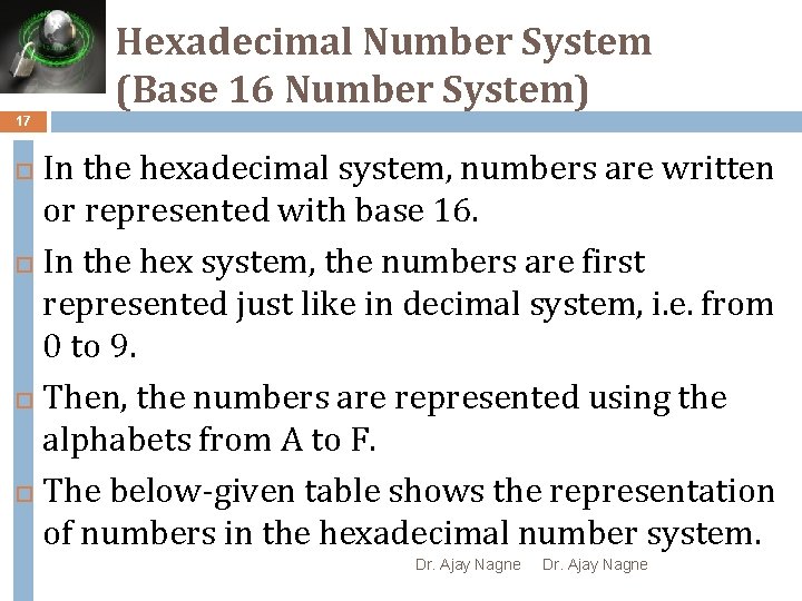 Hexadecimal Number System (Base 16 Number System) 17 In the hexadecimal system, numbers are