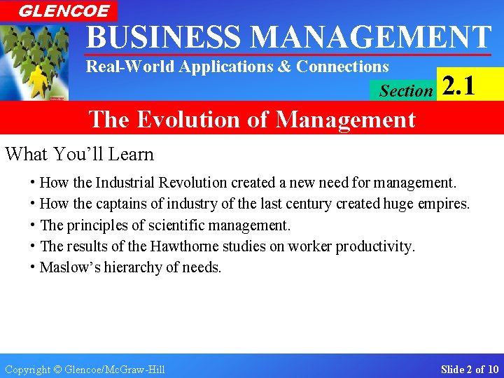 GLENCOE BUSINESS MANAGEMENT Real-World Applications & Connections Section 2. 1 The Evolution of Management