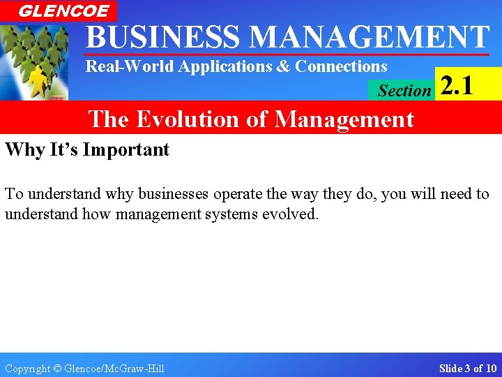 GLENCOE BUSINESS MANAGEMENT Real-World Applications & Connections Section 2. 1 The Evolution of Management