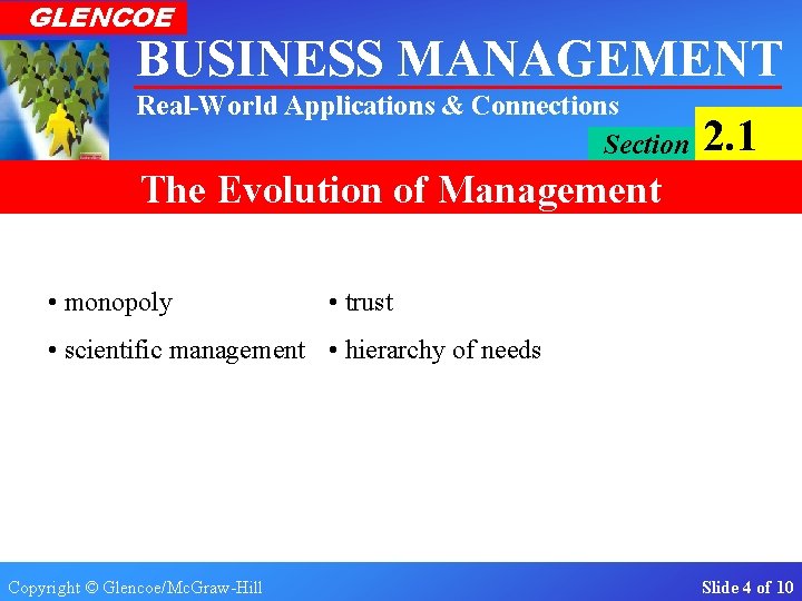 GLENCOE BUSINESS MANAGEMENT Real-World Applications & Connections Section 2. 1 The Evolution of Management