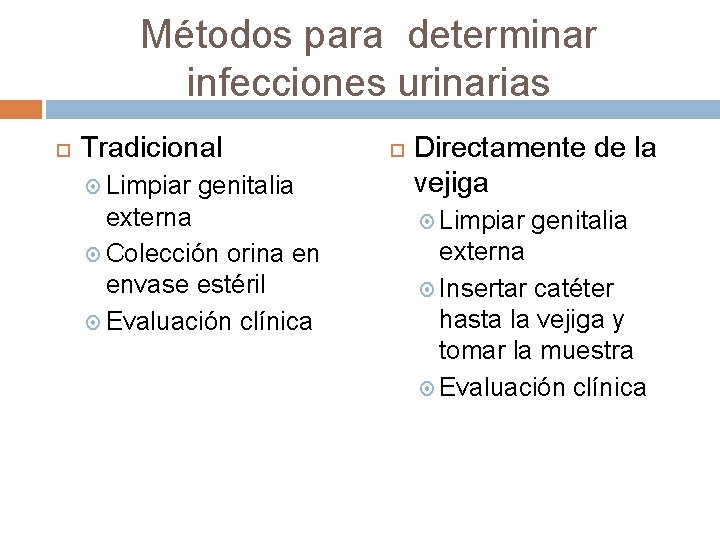 Métodos para determinar infecciones urinarias Tradicional Limpiar genitalia externa Colección orina en envase estéril