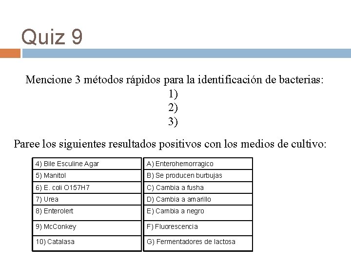 Quiz 9 Mencione 3 métodos rápidos para la identificación de bacterias: 1) 2) 3)