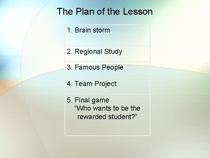 The Plan of the Lesson 1. Brain storm 2. Regional Study 3. Famous People