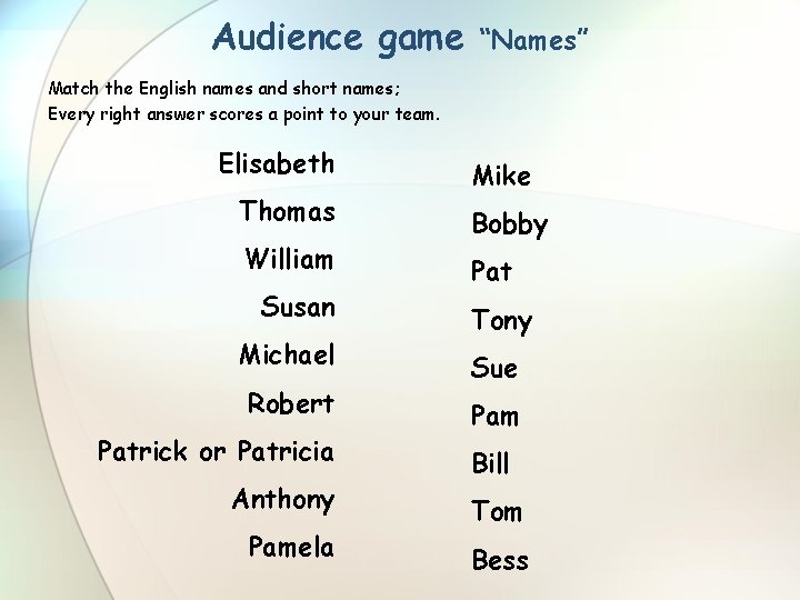 Audience game “Names” Match the English names and short names; Every right answer scores