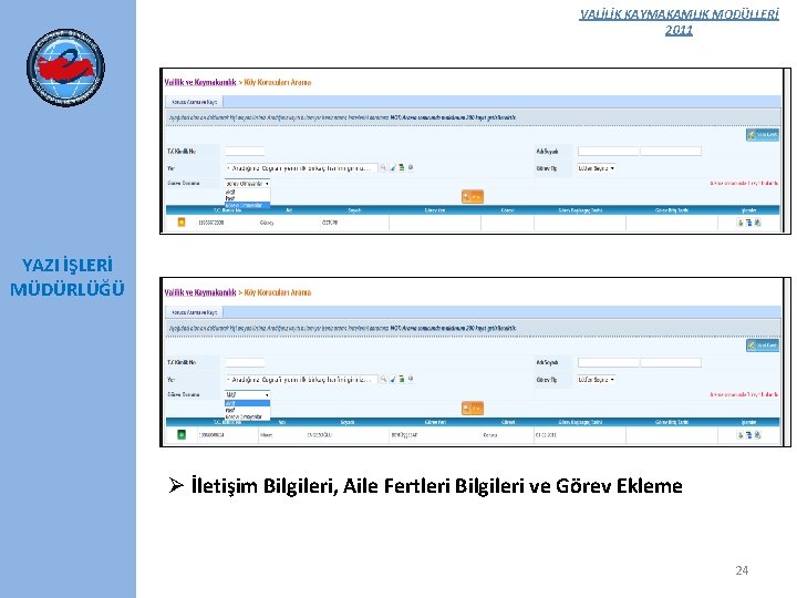 VALİLİK KAYMAKAMLIK MODÜLLERİ 2011 YAZI İŞLERİ MÜDÜRLÜĞÜ Ø İletişim Bilgileri, Aile Fertleri Bilgileri ve