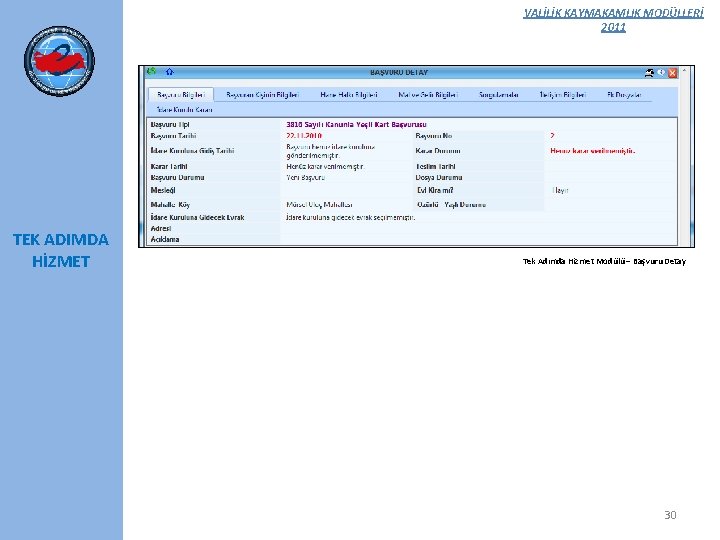 VALİLİK KAYMAKAMLIK MODÜLLERİ 2011 TEK ADIMDA HİZMET Tek Adımda Hizmet Modülü – Başvuru Detay