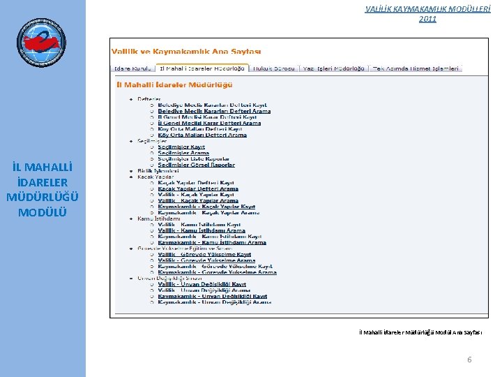 VALİLİK KAYMAKAMLIK MODÜLLERİ 2011 İL MAHALLİ İDARELER MÜDÜRLÜĞÜ MODÜLÜ İl Mahalli İdareler Müdürlüğü Modül