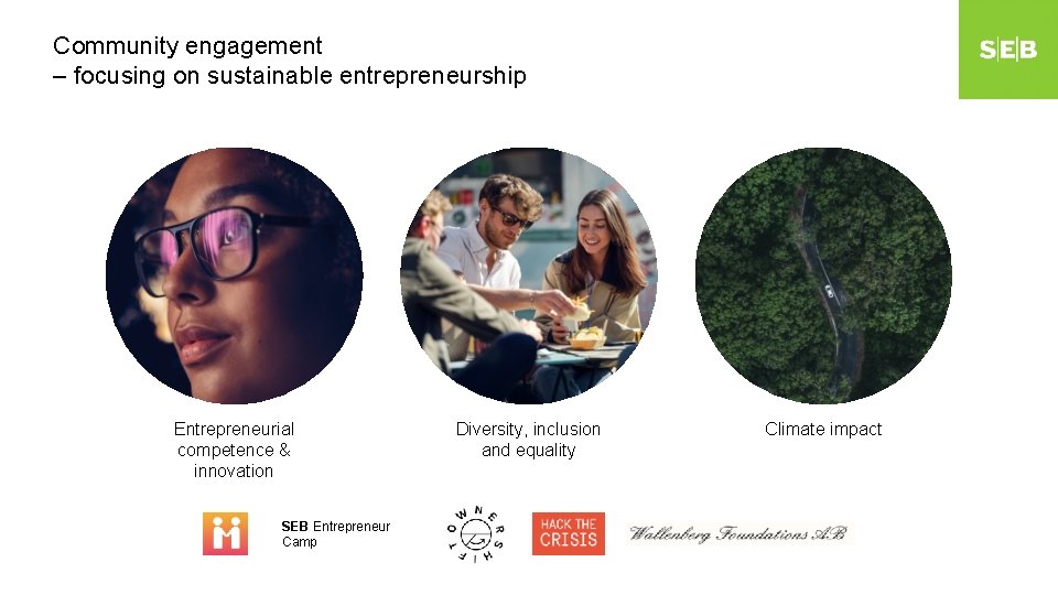 Community engagement – focusing on sustainable entrepreneurship Entrepreneurial competence & innovation SEB Entrepreneur Camp
