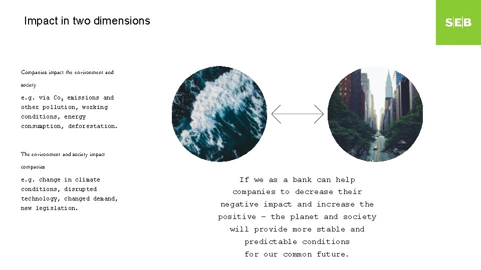 Impact in two dimensions Companies impact the environment and society e. g. via Co