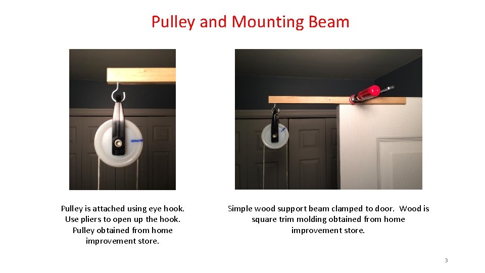 Pulley and Mounting Beam Pulley is attached using eye hook. Use pliers to open