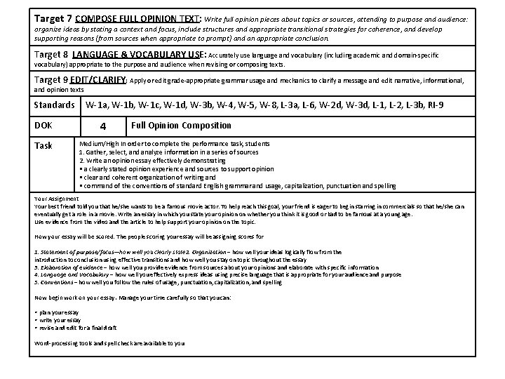 Target 7 COMPOSE FULL OPINION TEXT: Write full opinion pieces about topics or sources,
