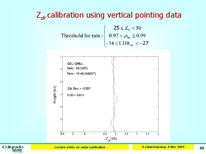 Zdr calibration using vertical pointing data Lecture notes on radar calibration V. Chandrasekar, 8
