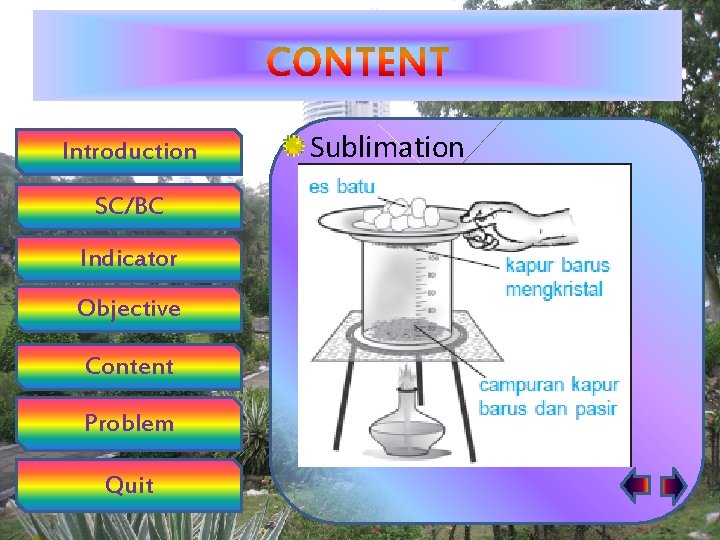 Introduction SC/BC Indicator Objective Content Problem Quit Sublimation 