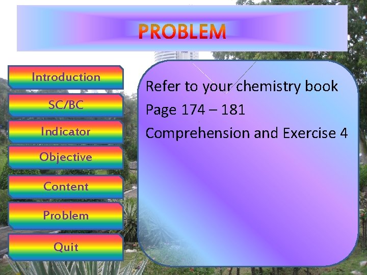 Introduction SC/BC Indicator Objective Content Problem Quit Refer to your chemistry book Page 174