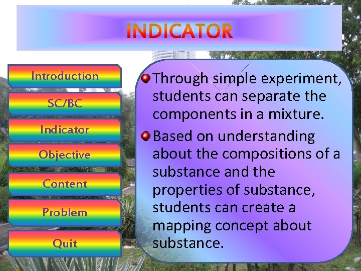 Introduction SC/BC Indicator Objective Content Problem Quit Through simple experiment, students can separate the