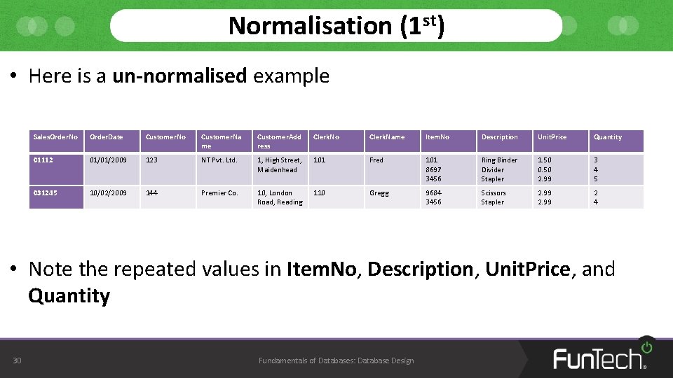 Normalisation (1 st) • Here is a un-normalised example Sales. Order. No Order. Date Normalisation (1 st) • Here is a un-normalised example Sales. Order. No Order. Date