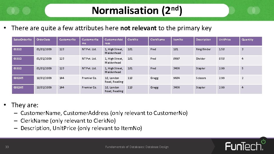 Normalisation (2 nd) • There are quite a few attributes here not relevant to Normalisation (2 nd) • There are quite a few attributes here not relevant to